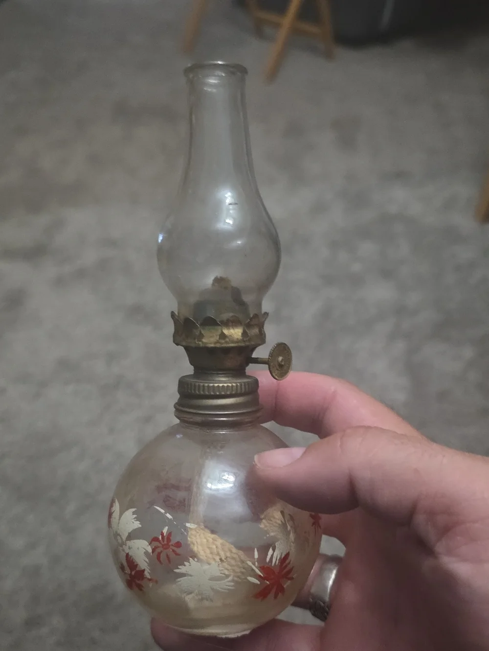 Vintage Glass Hurricane Oil Lamp with Hand- Painted White and Red Floral Design